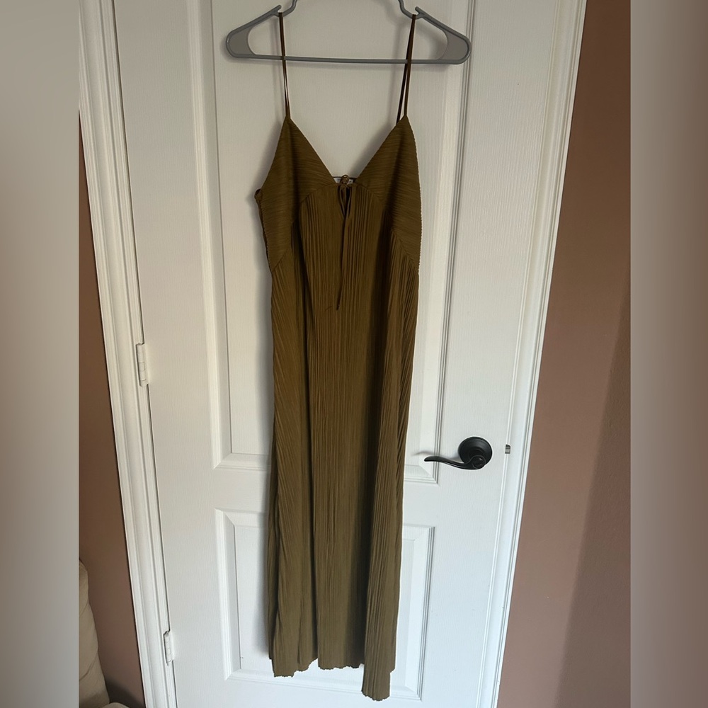 ZARA Olive Pleated Maxi Slip Dress | Size S | Elegant Fall Midi